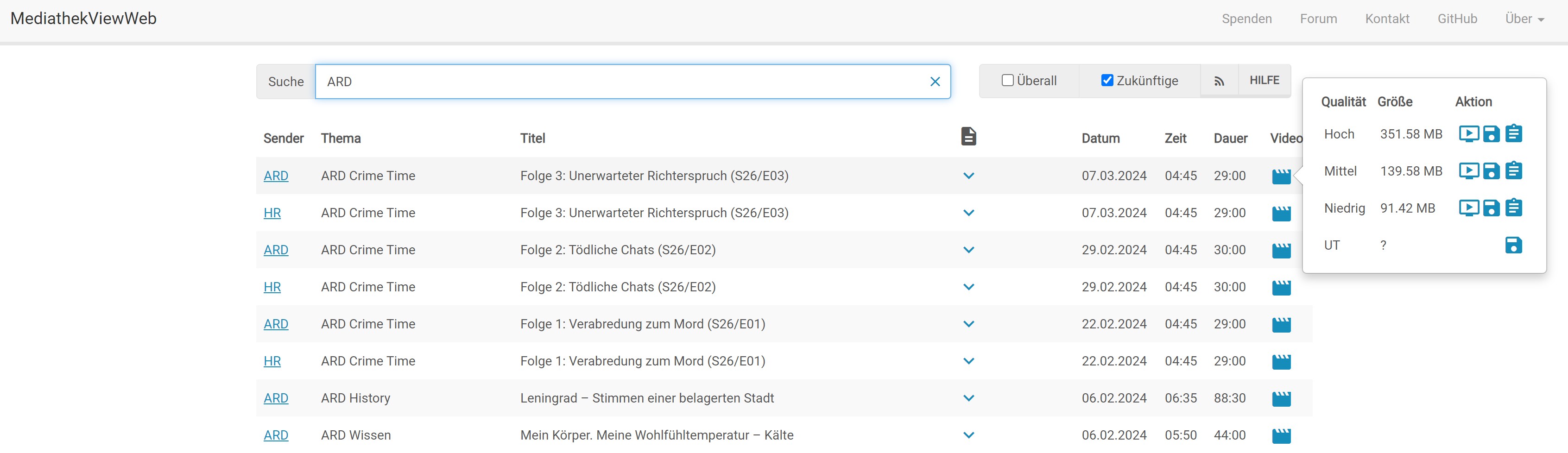 Mit MediathekViewWeb Filme aus ARD Mediathek downloaden