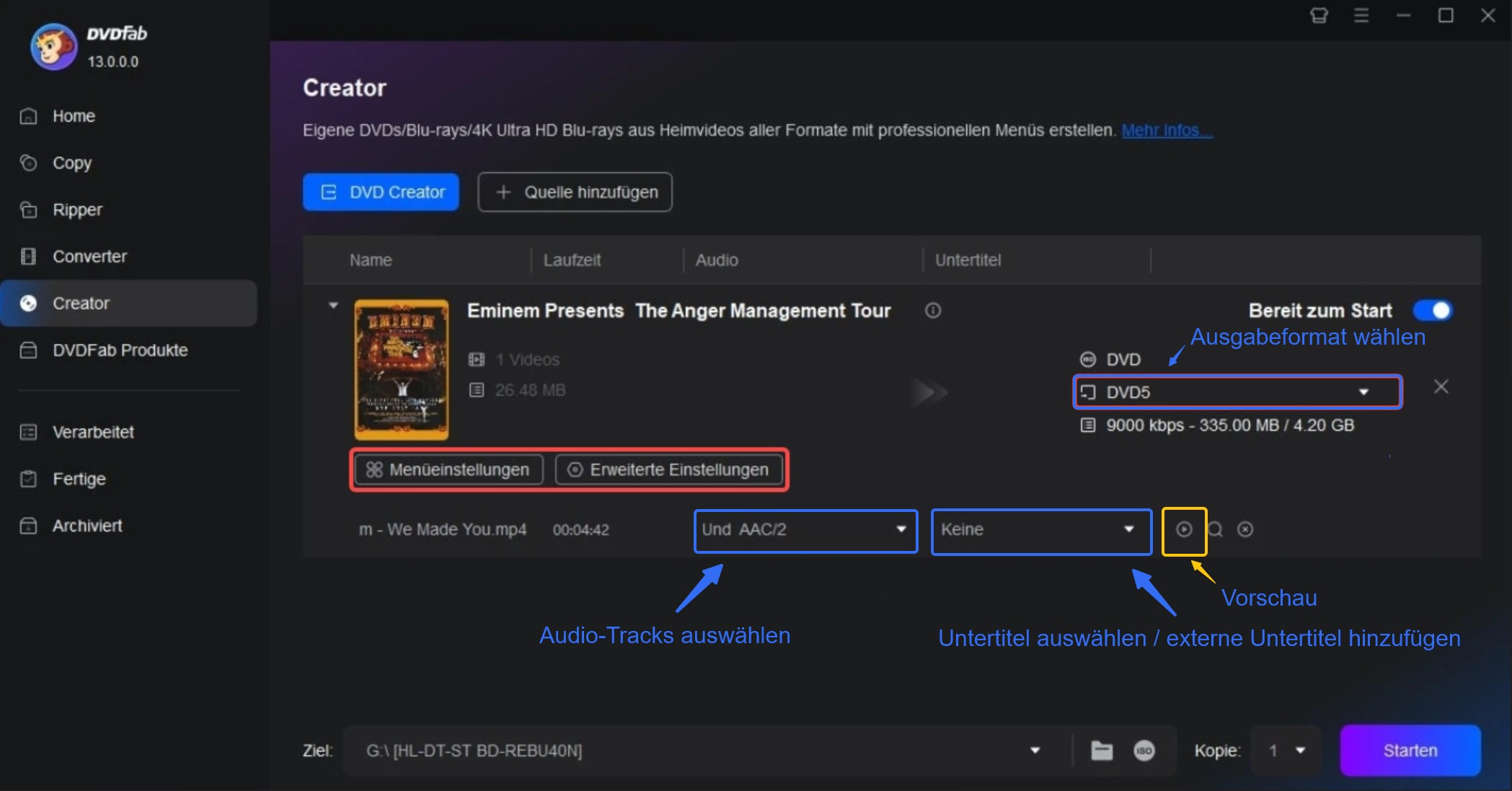 DVDFab DVD Creator: Externe Untertitel hinzufügen