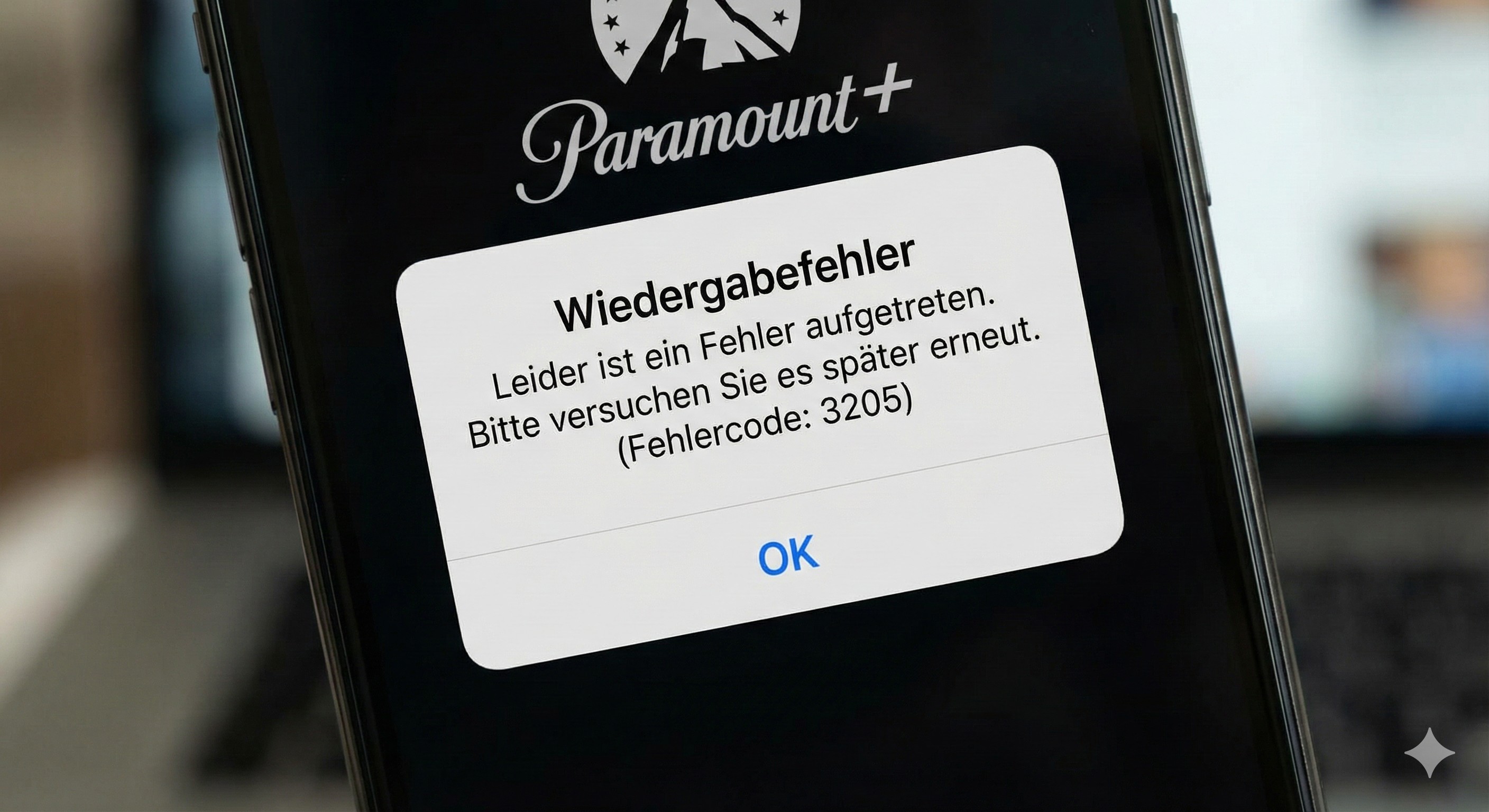 Nahaufnahme eines Smartphone-Bildschirms, der eine Paramount+ Fehlermeldung mit dem Fehlercode 3205 anzeigt.