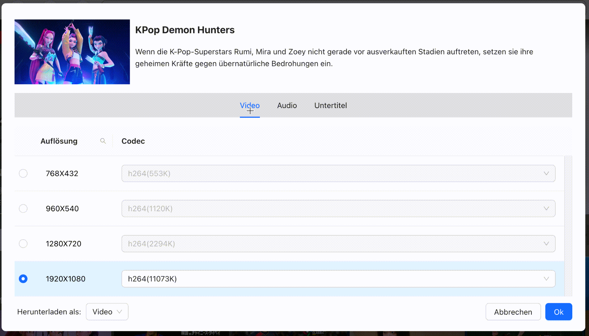 Pazu StreamGet Qualitätsdialog für KPop Demon Hunters mit 1920x1080 h264 11073K als gewählter Option