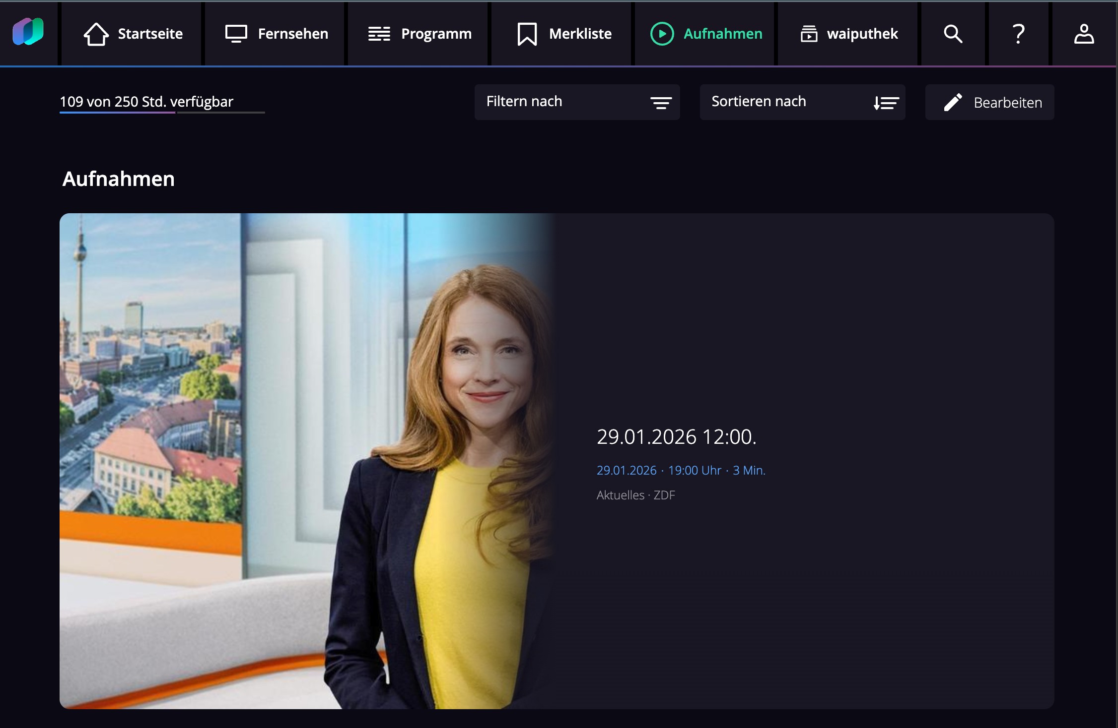 Waipu.tv Web-Player Interface mit  Aufnahmefunktion