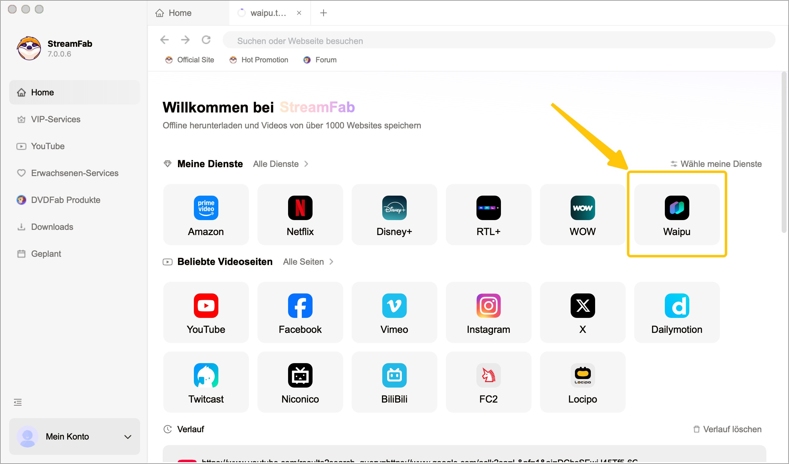 StreamFab Modulauswahl StreamFab 7.0.0.6 Benutzeroberfläche unter macOS Sequoia mit ausgewähltem Waipu.tv Modul