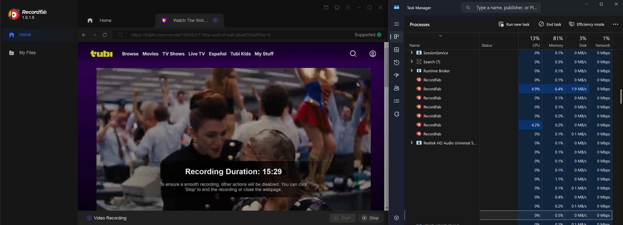 recordfab takes less resources than other screen recorders while recording on tubi
