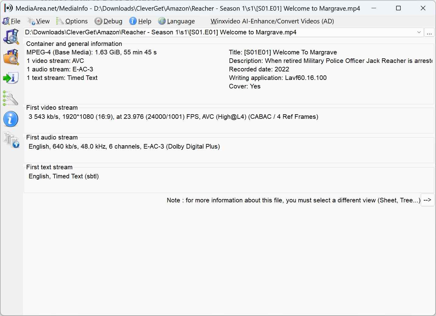cleverget amazon downloader review: output quality via mediainfo