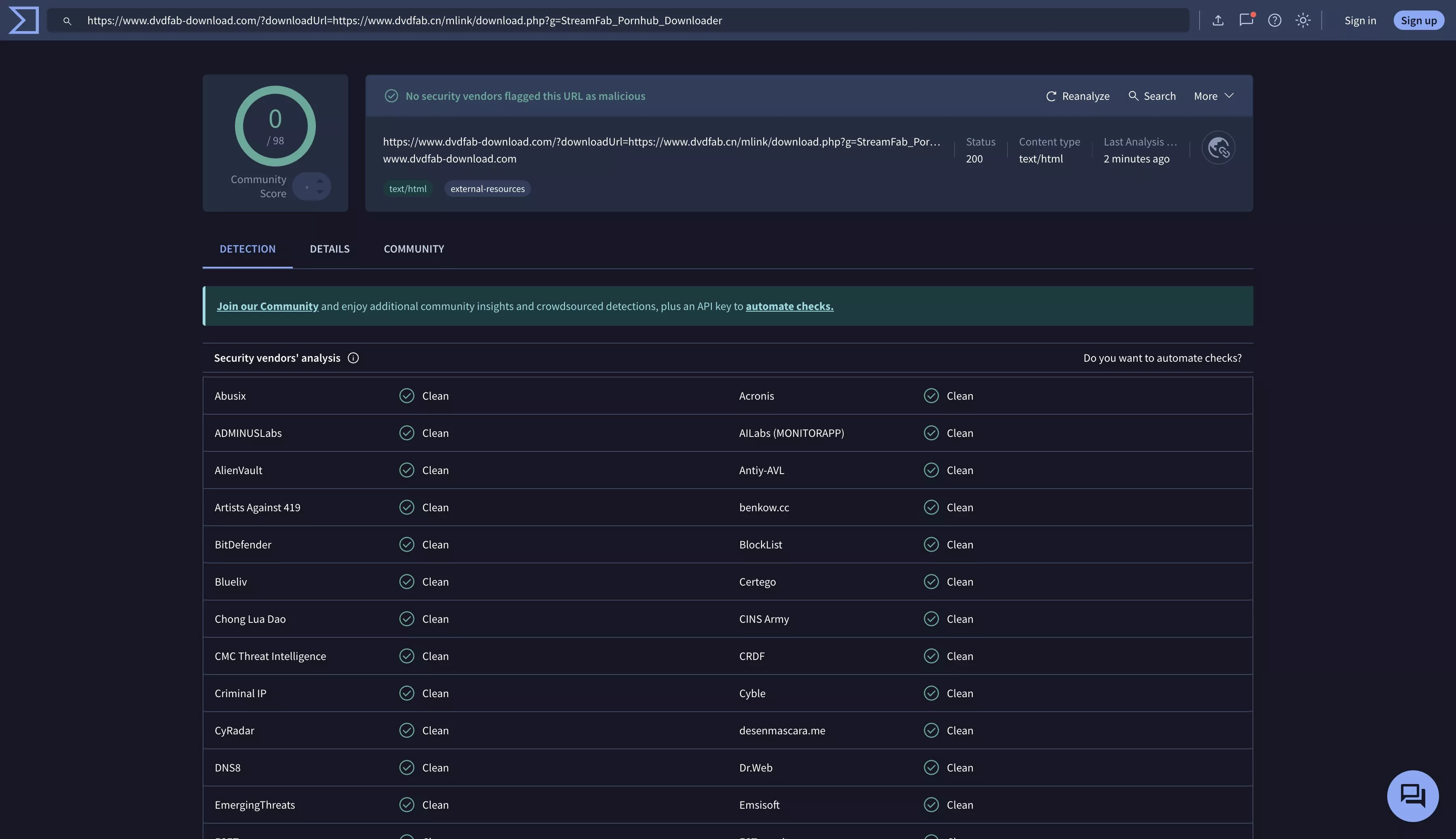 We've scanned the website and VirusTotal says it's all clear—no viruses. Remember to download only from the [https://www.dvdfab-download.com/?downloadUrl=https://www.dvdfab.cn/mlink/download.php?g=StreamFab_Pornhub_Downloader].