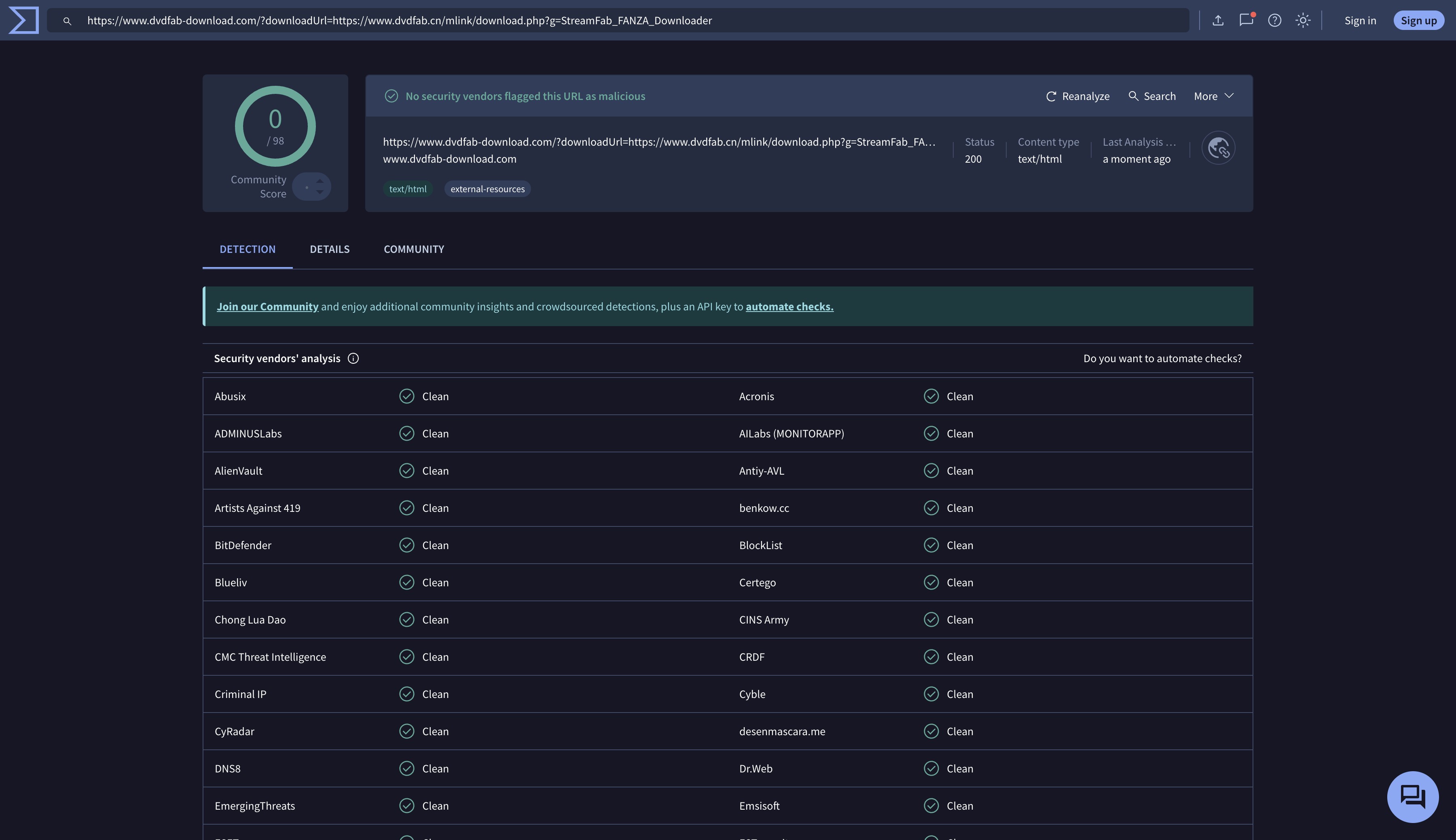 We've scanned the website and VirusTotal says it's all clear—no viruses. Remember to download only from the [https://www.dvdfab-download.com/?downloadUrl=https://www.dvdfab.cn/mlink/download.php?g=StreamFab_FANZA_Downloader]. 