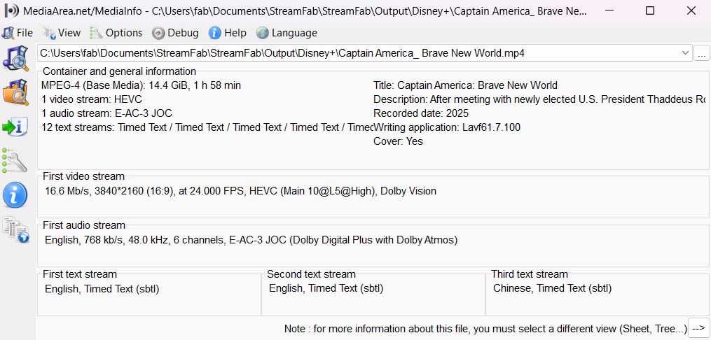 a mediainfo screenshot showing that disney plus movies downloaded with streamfab offers a better audiovisual effect