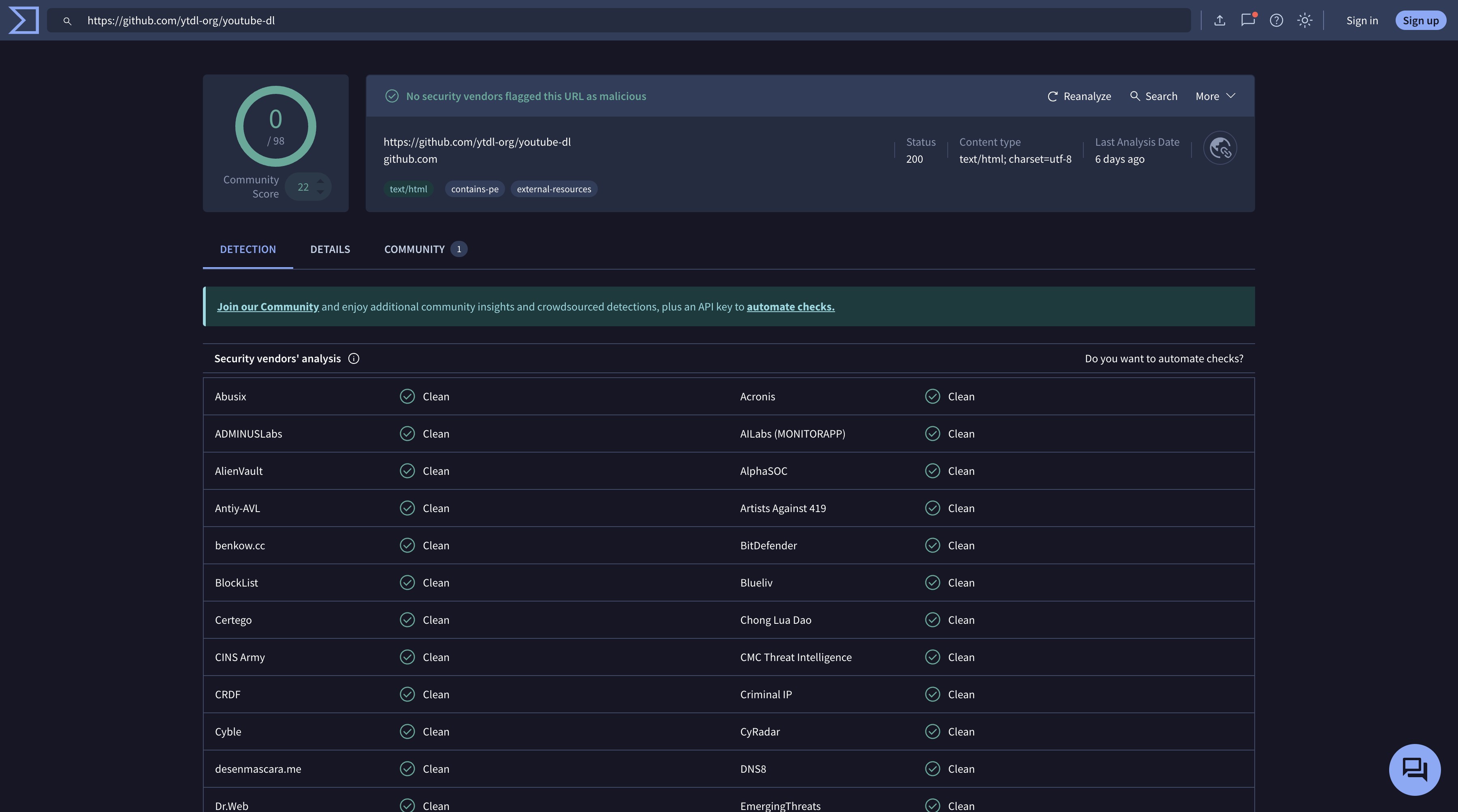 🔒 Safety check result: Passed VirusTotal online scan — no malicious code detected. ⚠️ Please download only from https://github.com/ytdl-org/youtube-dl to avoid untrusted mirrors or modified builds.