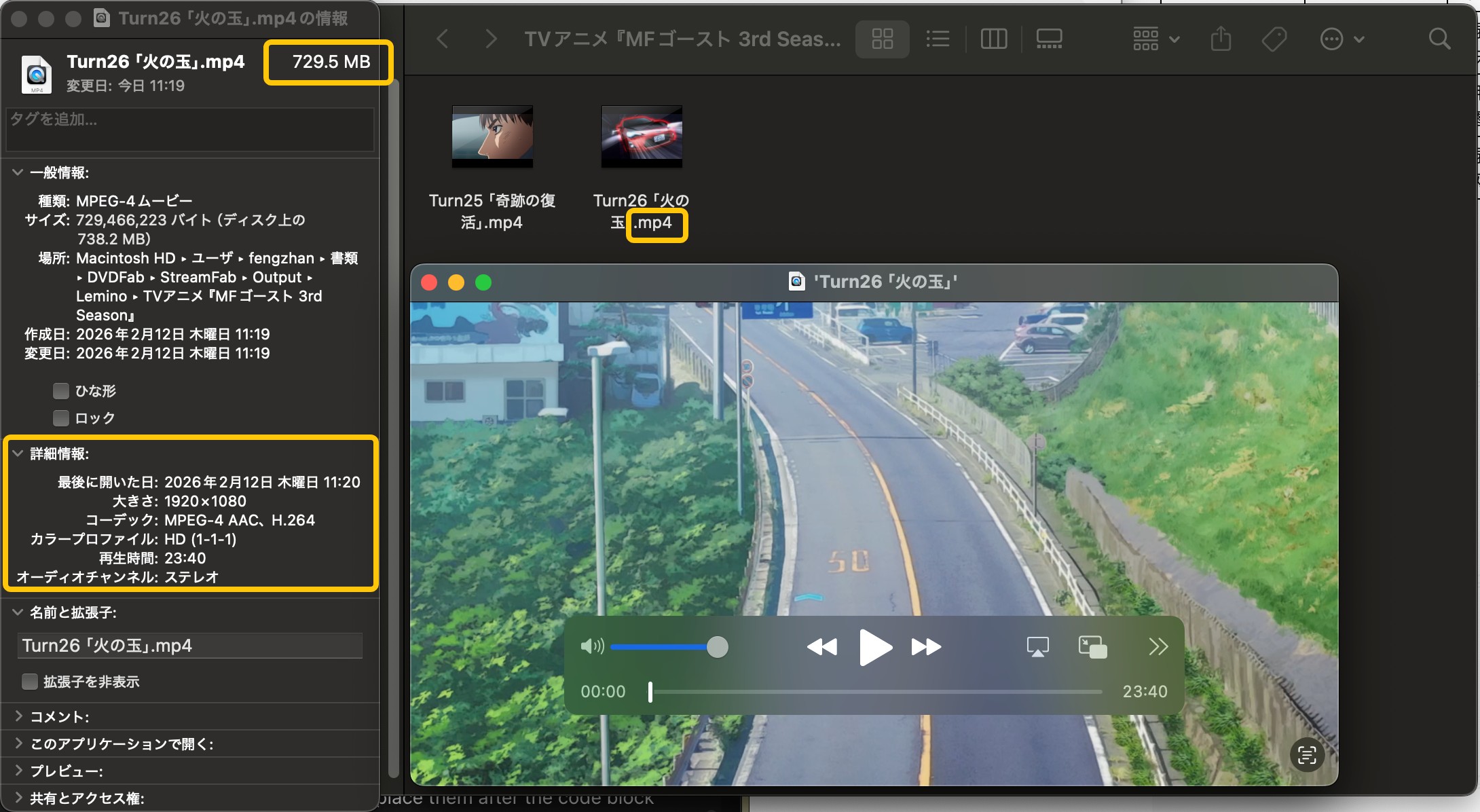 保存されたLemino動画のファイルプロパティと再生画面