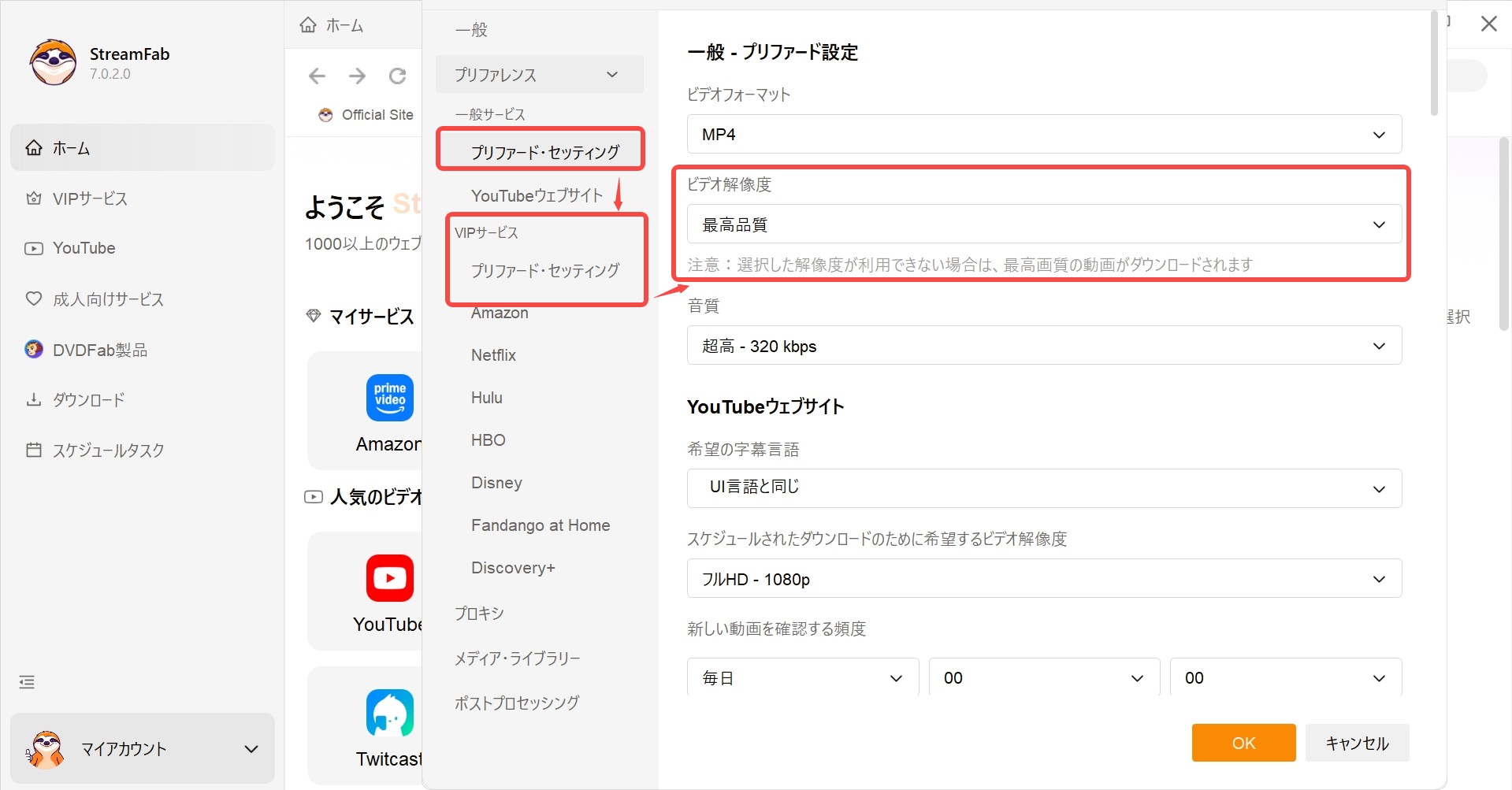 VIP サービス(Netflix・Disney+・Amazon など)の画質設定